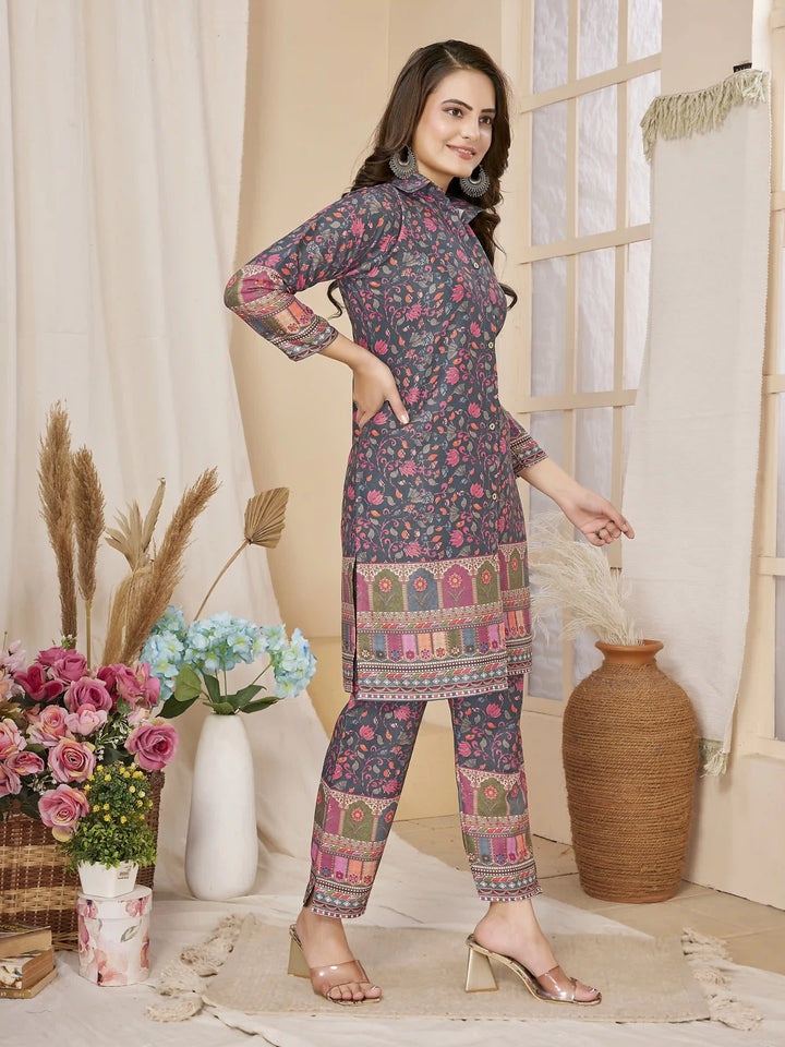 Grey Rayon Co-Ord Set | Designer Digital Printed Top with Bottom Pair