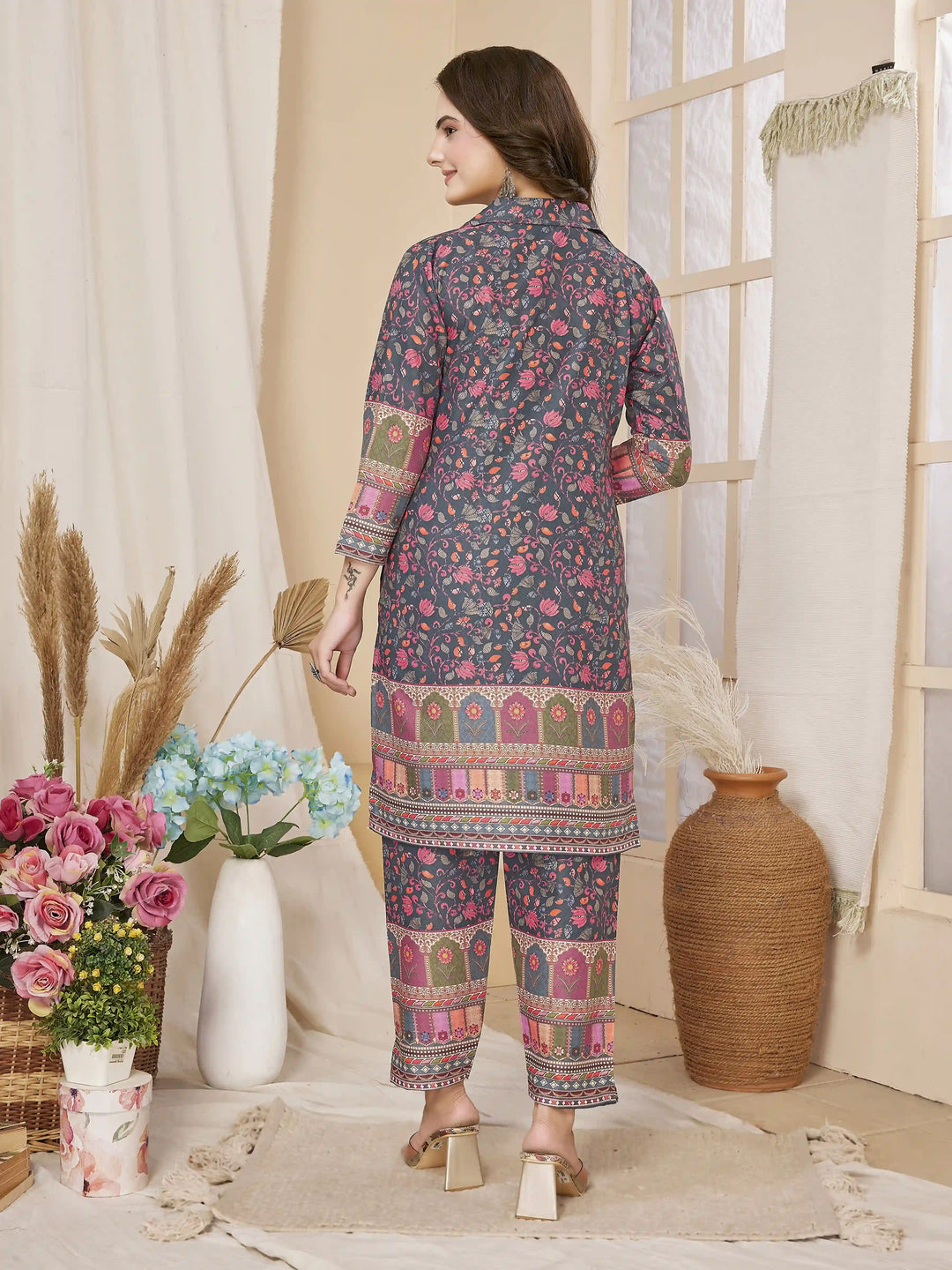 Grey Rayon Co-Ord Set | Designer Digital Printed Top with Bottom Pair