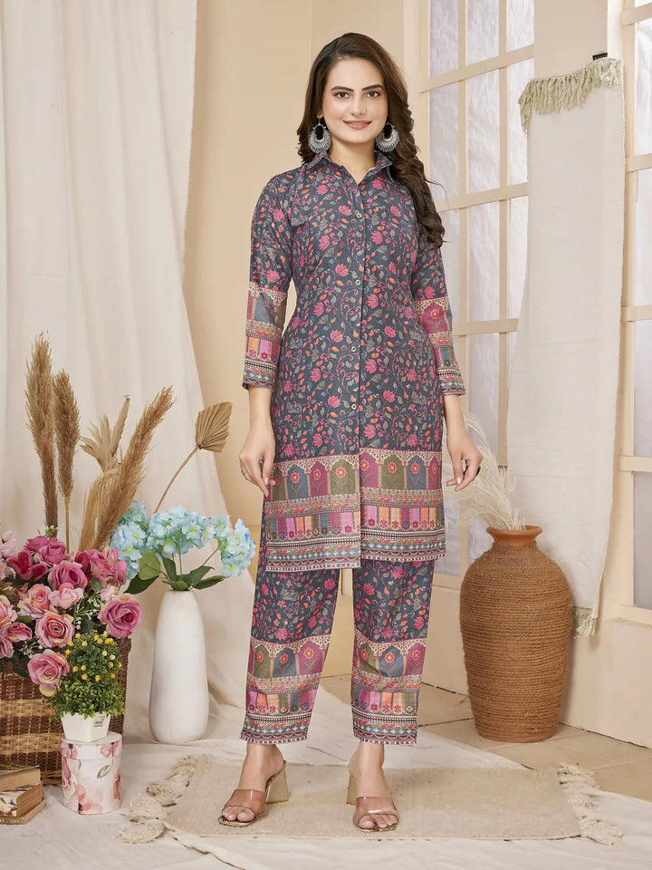 Grey Rayon Co-Ord Set | Designer Digital Printed Top with Bottom Pair