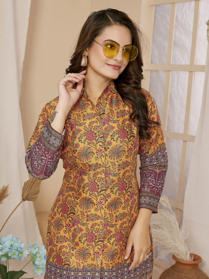 Stylish Mustard Top & Bottom Set | Elegant Rayon Co-Ord Set with Prints