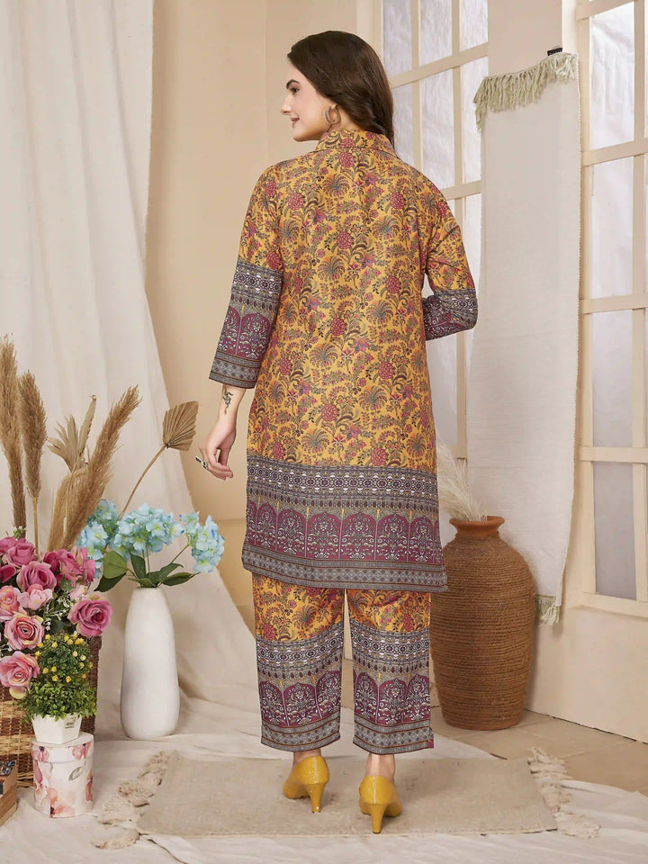 Stylish Mustard Top & Bottom Set | Elegant Rayon Co-Ord Set with Prints