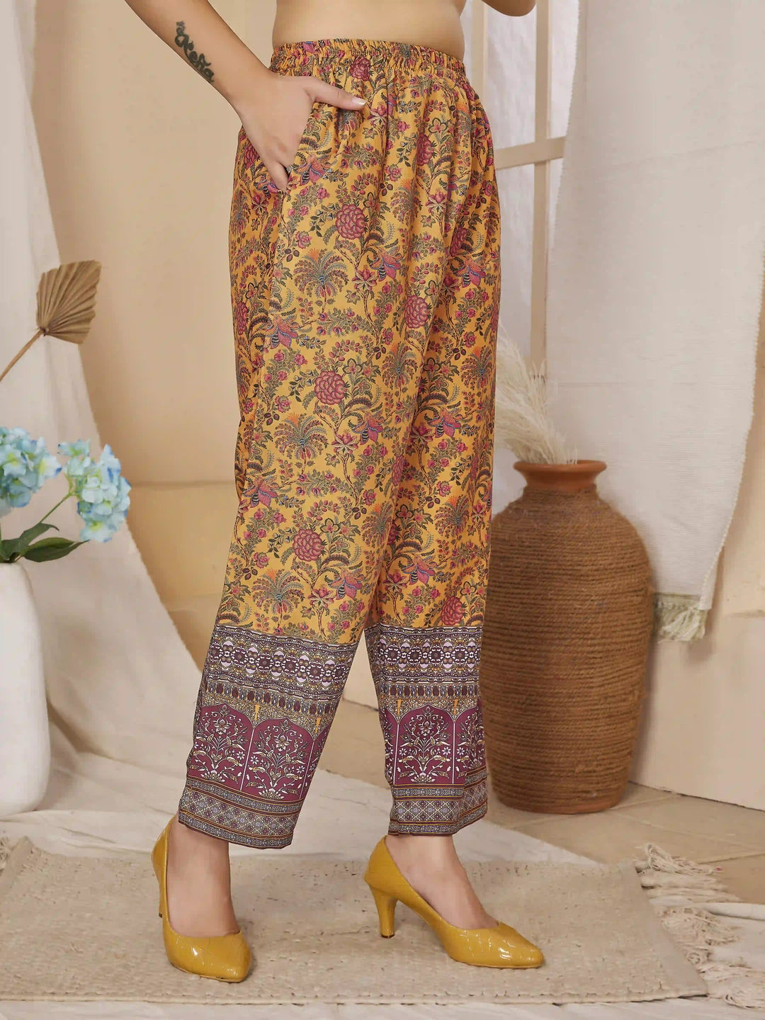 Stylish Mustard Top & Bottom Set | Elegant Rayon Co-Ord Set with Prints