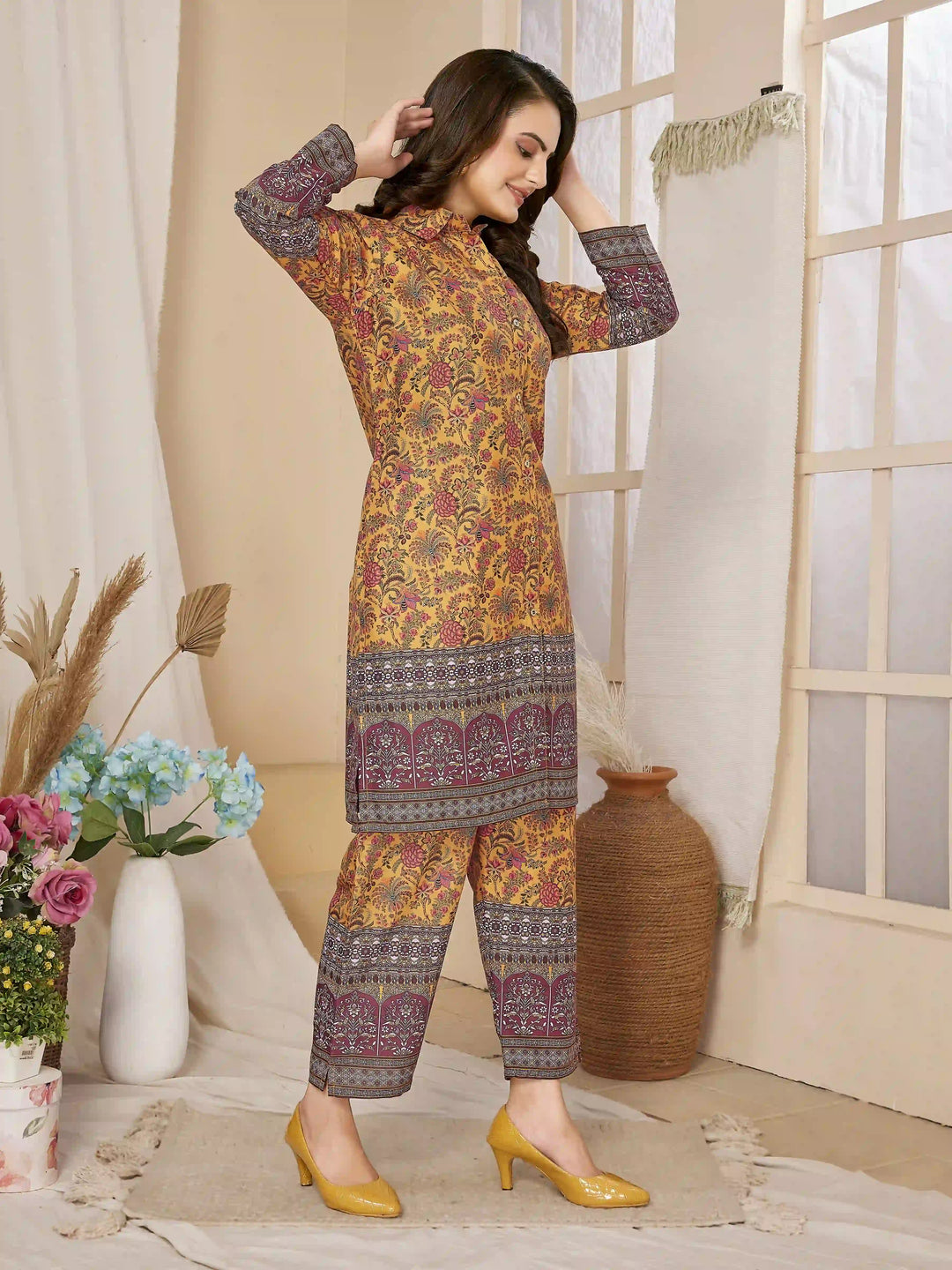 Stylish Mustard Top & Bottom Set | Elegant Rayon Co-Ord Set with Prints
