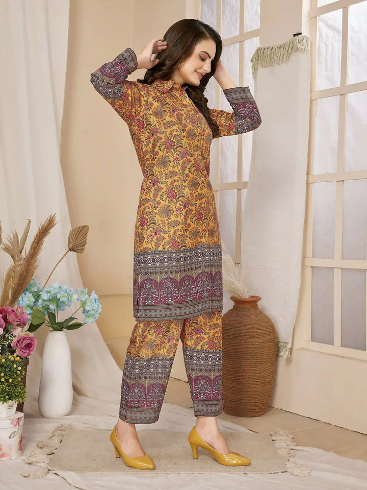 Stylish Mustard Top & Bottom Set | Elegant Rayon Co-Ord Set with Prints