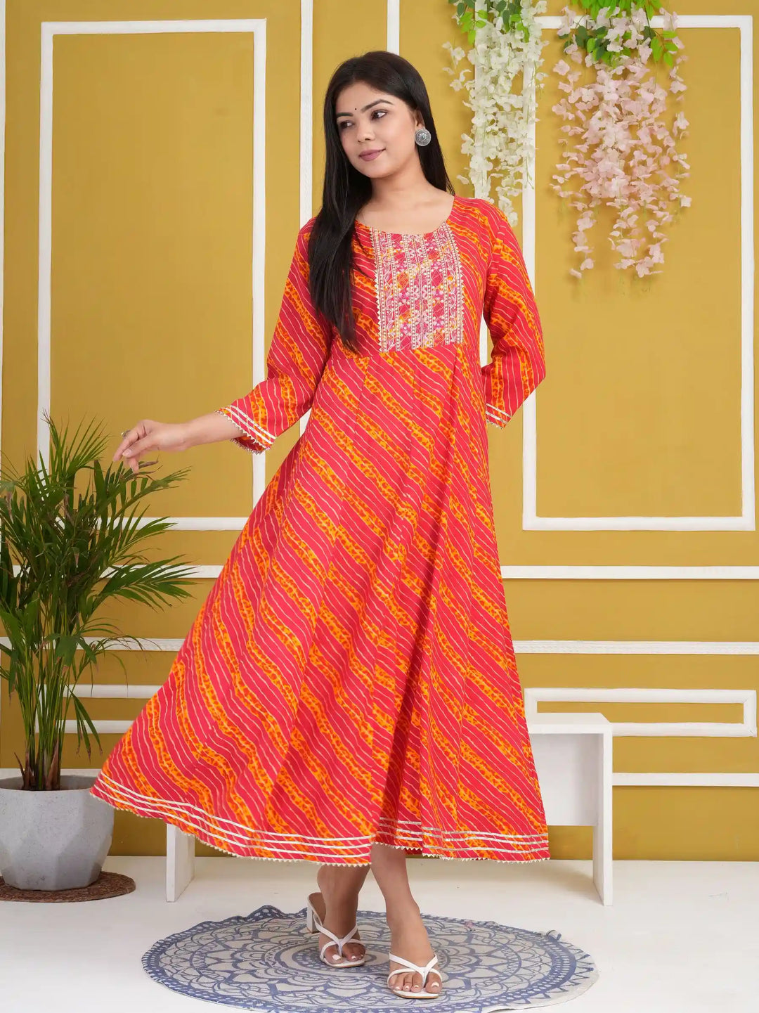 Designer Long Kurti | Rayon Cotton Pair with Gota Embroidery Work