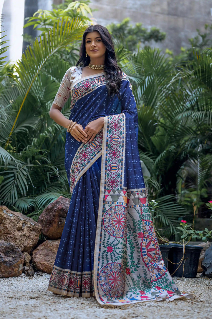 Elegant Tussar Silk Saree with Banarasi Blouse | Madhubani & Bandhani Print