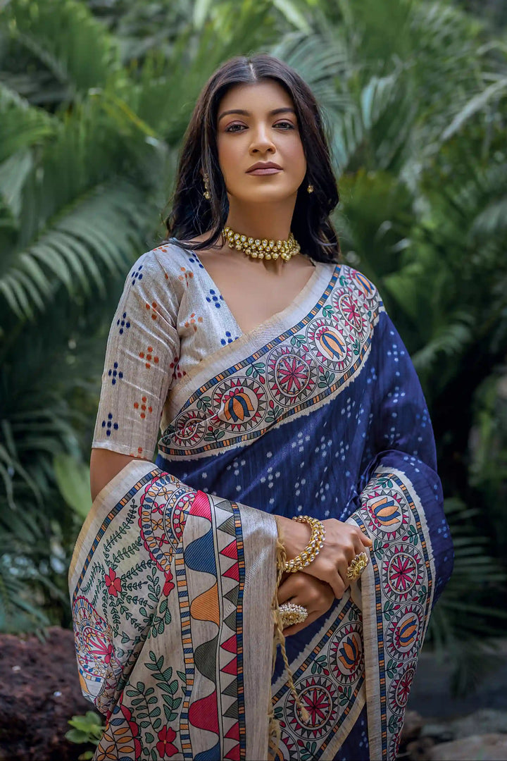 Elegant Tussar Silk Saree with Banarasi Blouse | Madhubani & Bandhani Print