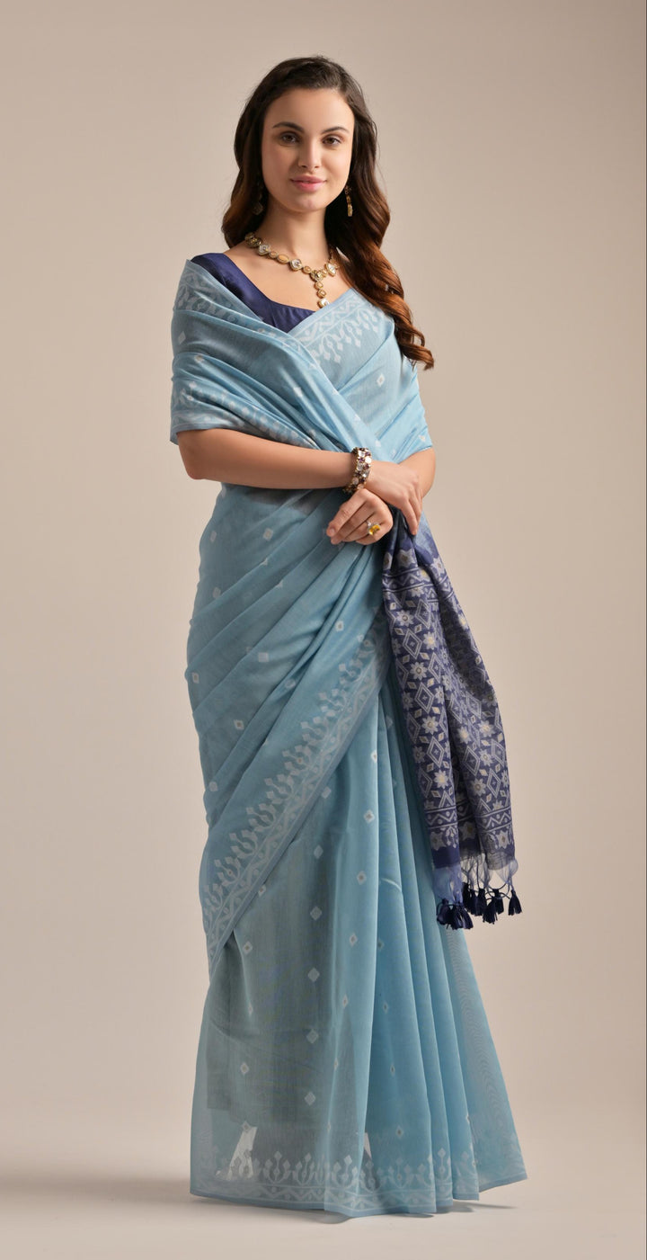 Elegant Muga-Cotton Saree with Banarasi-Silk | Jamdani Weaving for Weddings