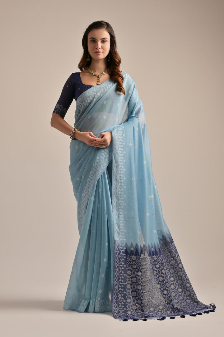 Elegant Muga-Cotton Saree with Banarasi-Silk | Jamdani Weaving for Weddings