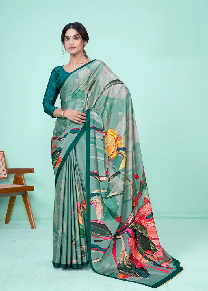 Charming Teal  Crepe Soft Silk Saree with Green Blouse | Perfect for Special Celebrations