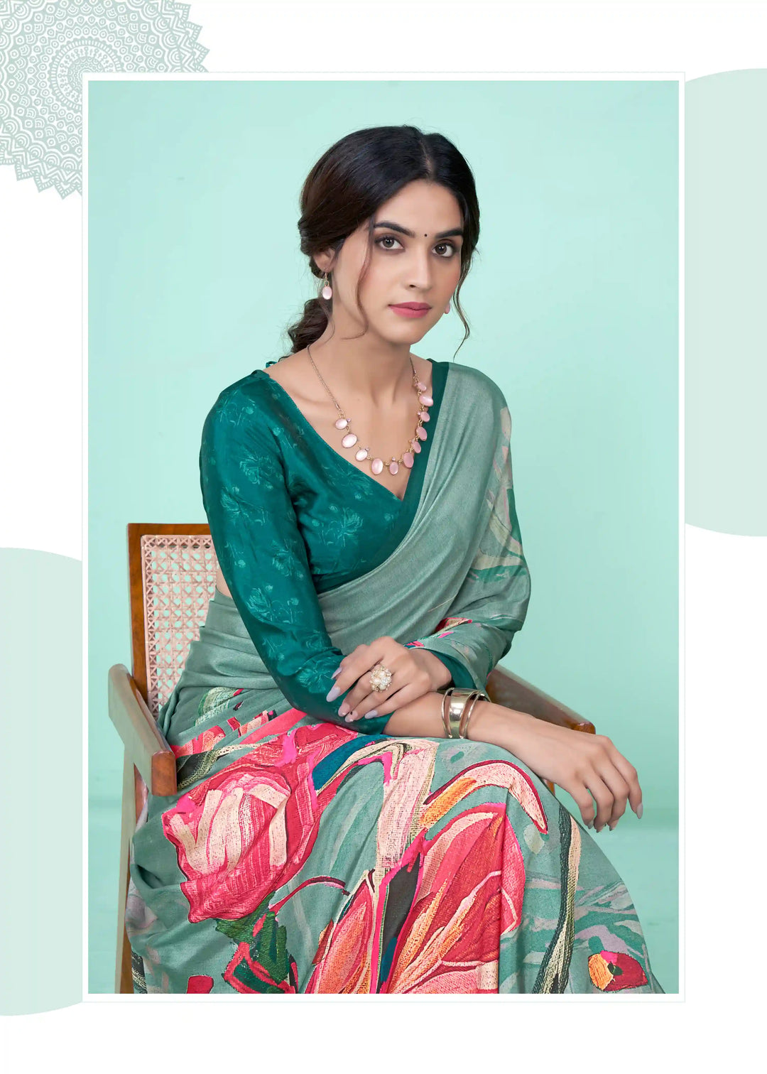 Charming Teal  Crepe Soft Silk Saree with Green Blouse | Perfect for Special Celebrations