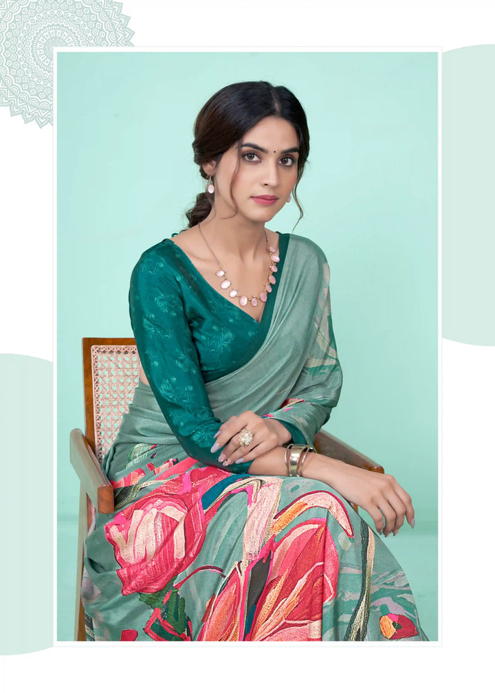 Charming Teal  Crepe Soft Silk Saree with Green Blouse | Perfect for Special Celebrations
