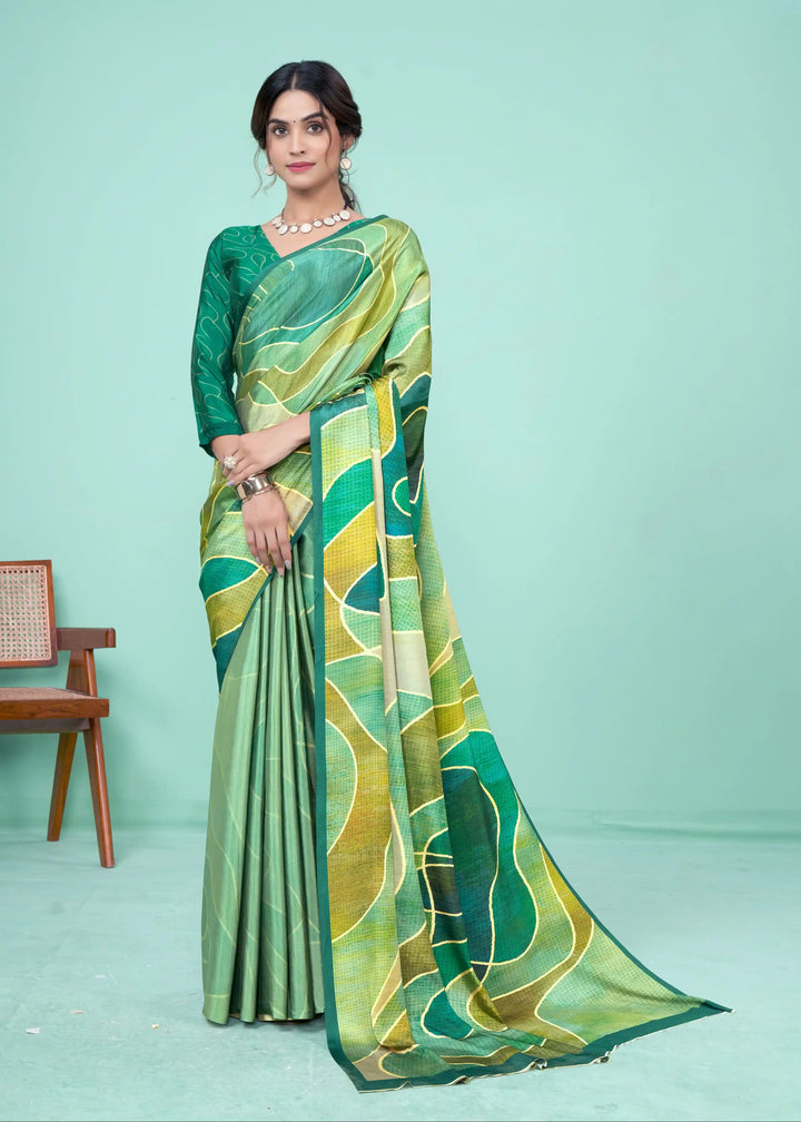Green Crepe Soft Silk Designer Saree | Digital Printed