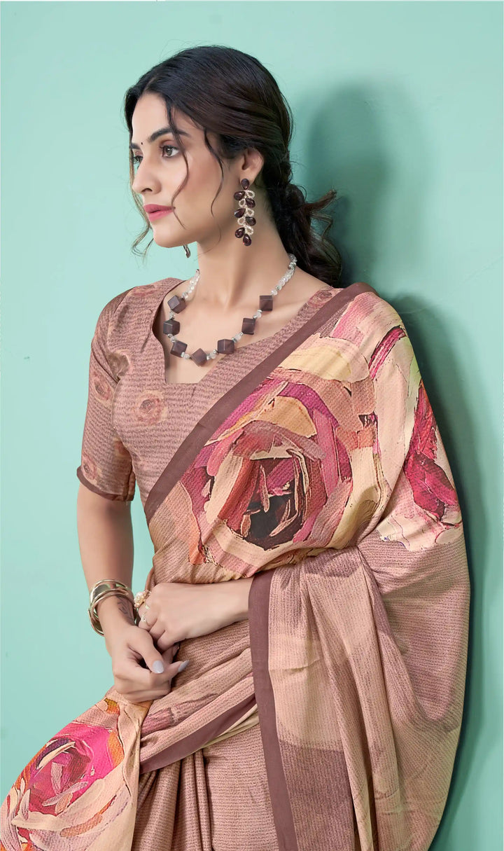 Brown Crepe Soft Silk Party Saree | Designer Digital Printed