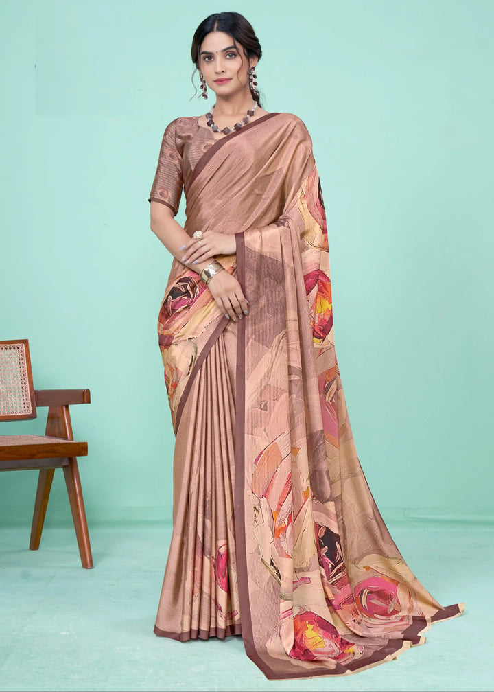 Brown Crepe Soft Silk Party Saree | Designer Digital Printed