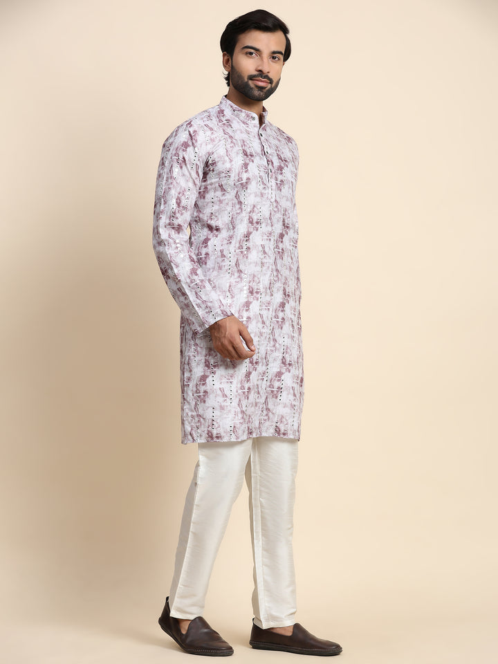 Stylish Pinkish Grey Kurta Set | Designer Mirror Embroidery & Art Silk Bottom