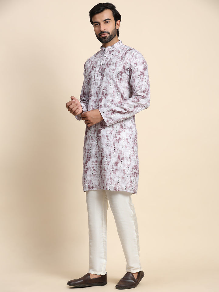 Stylish Pinkish Grey Kurta Set | Designer Mirror Embroidery & Art Silk Bottom