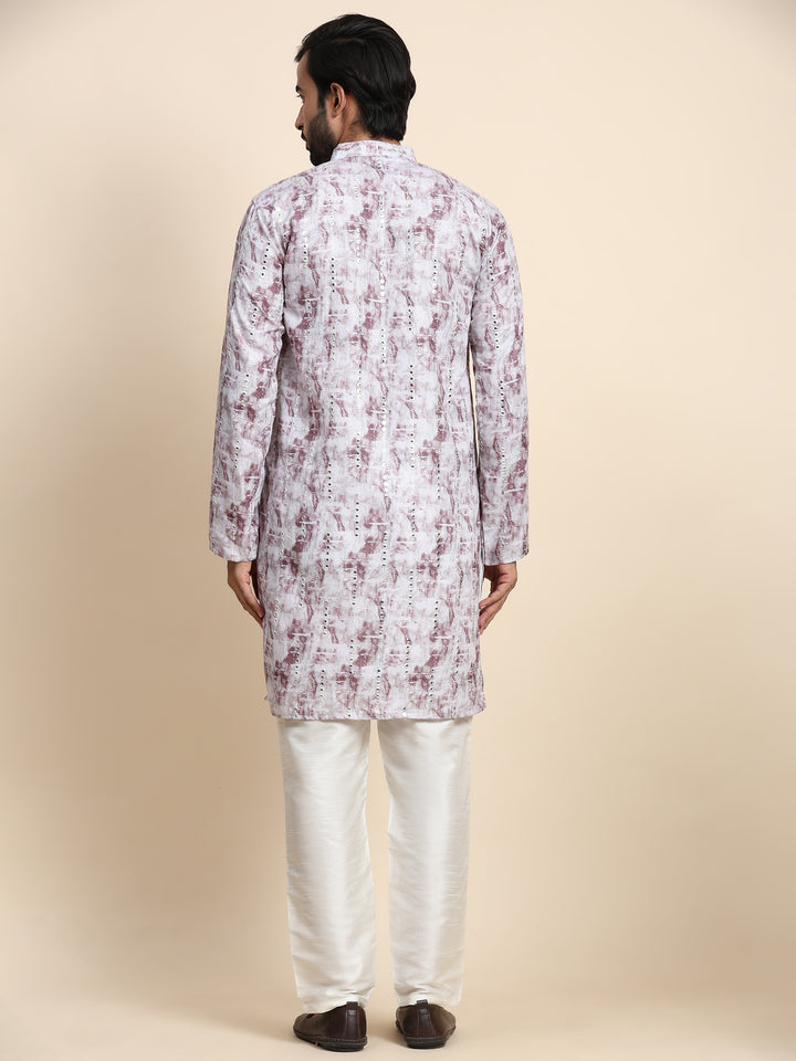 Stylish Pinkish Grey Kurta Set | Designer Mirror Embroidery & Art Silk Bottom