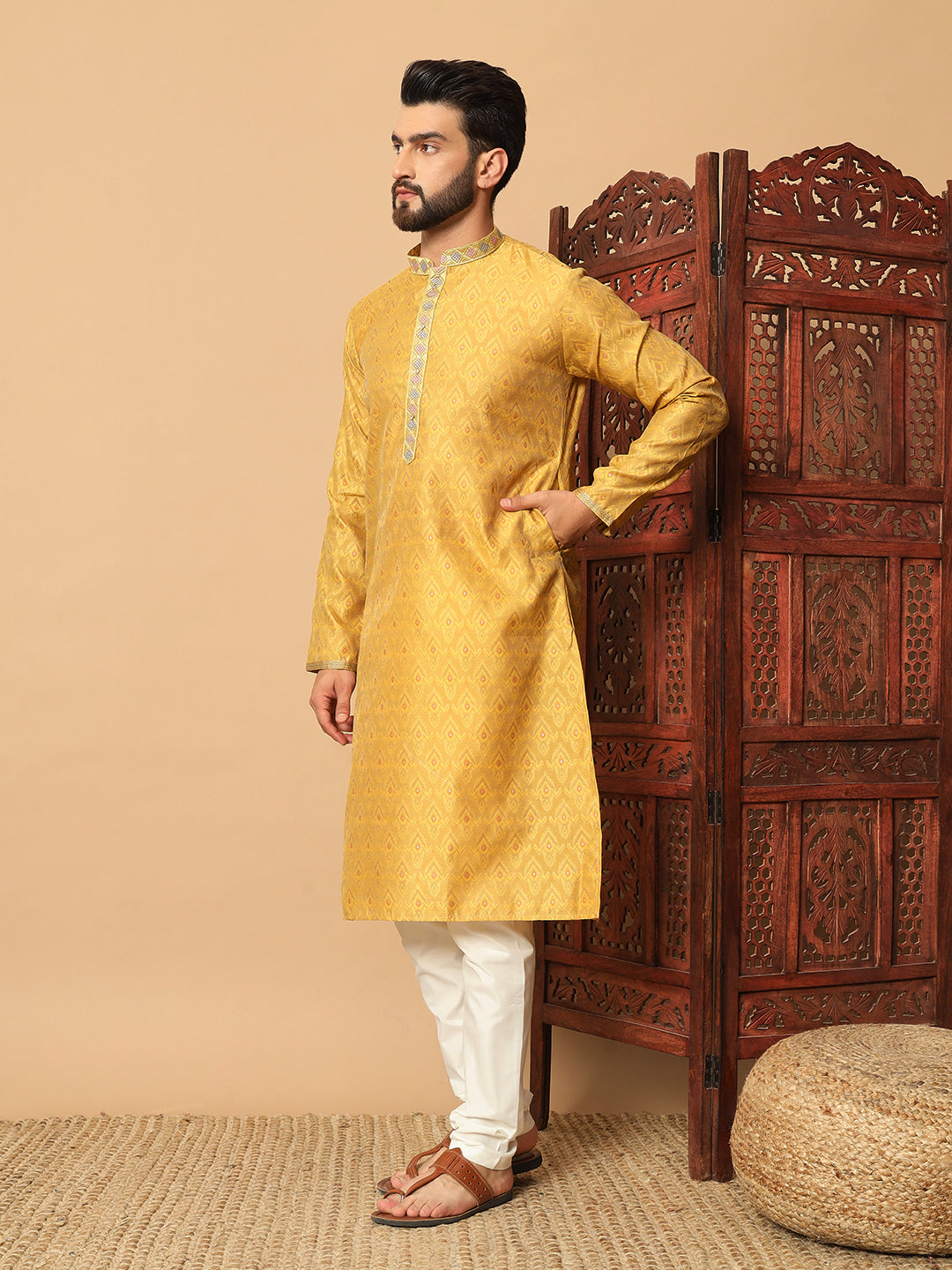 Jacquard Kurta for Men | Raymond Cotton Payjama with Mirror Embroidery