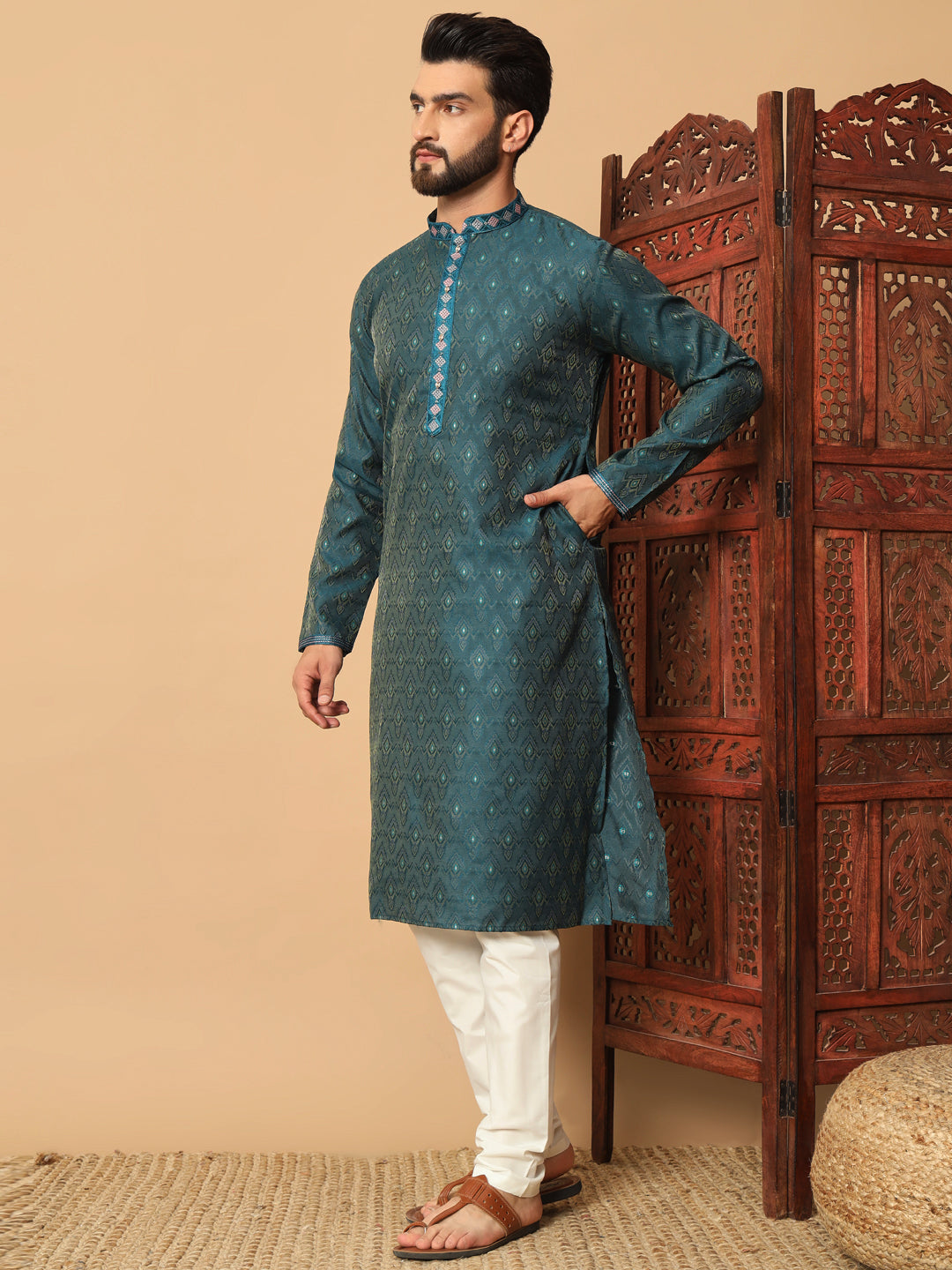 Jacquard Kurta for Men | Raymond Cotton Payjama with Mirror Embroidery