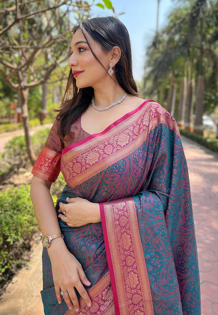 Luxurious Silk Saree | Intricate Wevon Kashmiri Work & Matching Blouse