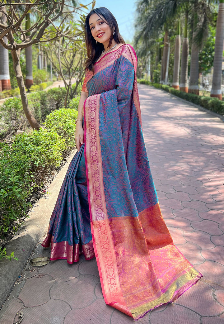 Luxurious Silk Saree | Intricate Wevon Kashmiri Work & Matching Blouse