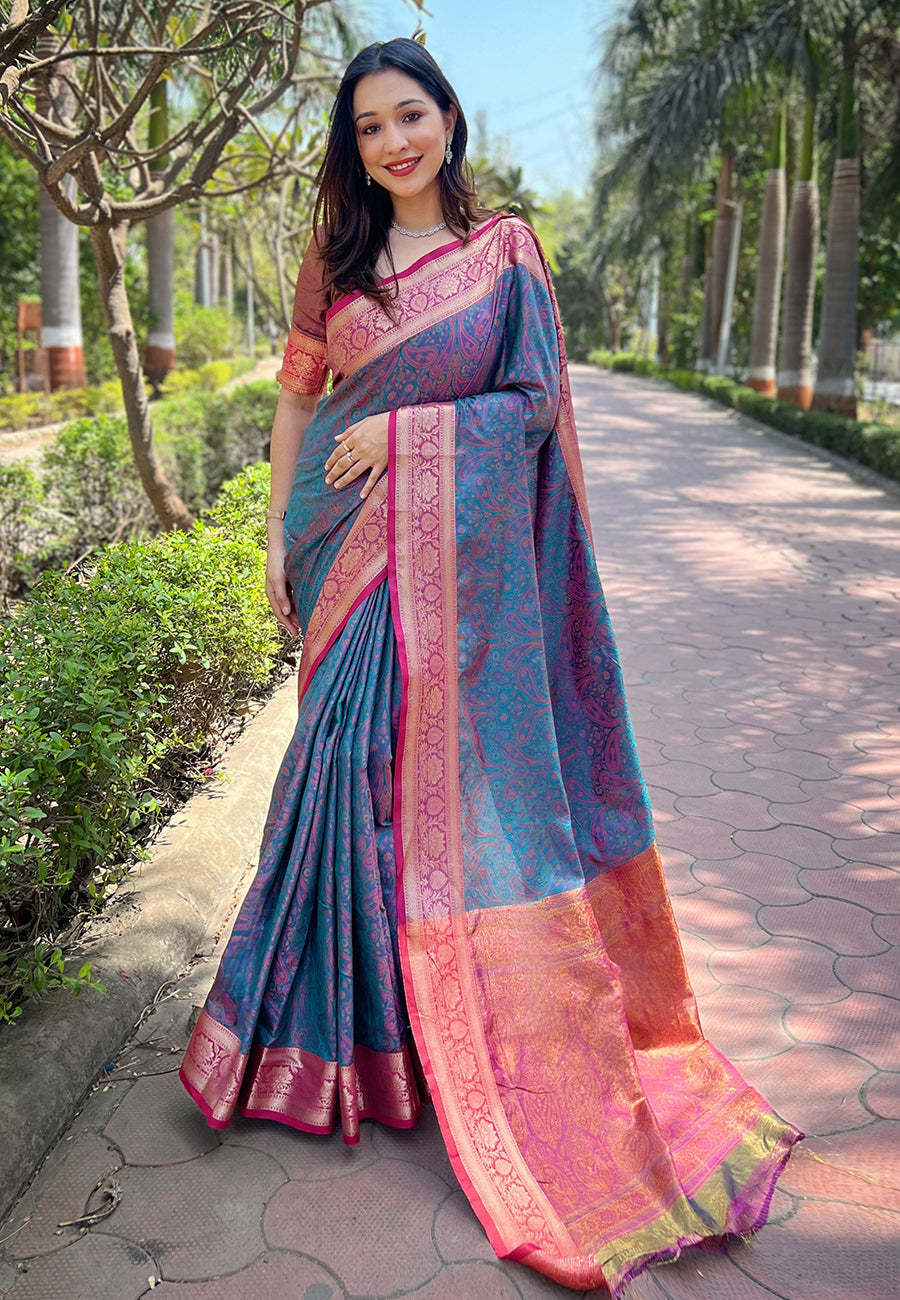 Luxurious Silk Saree | Intricate Wevon Kashmiri Work & Matching Blouse