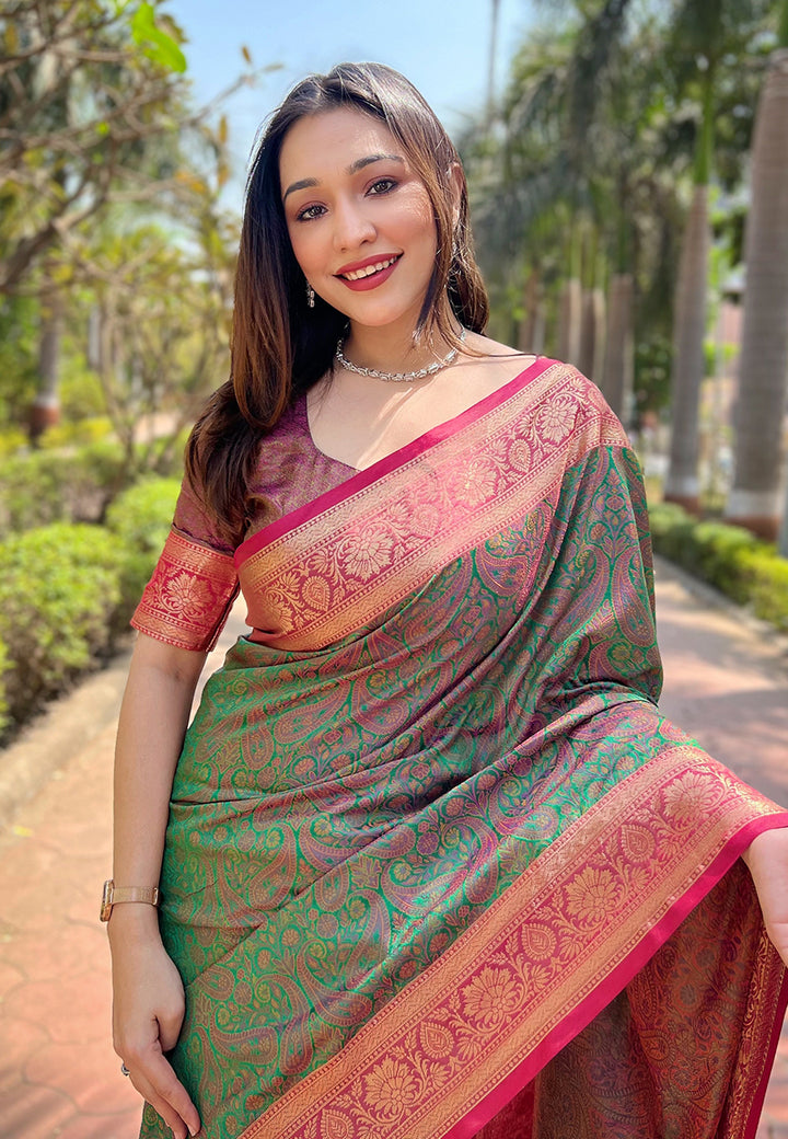 Luxurious Silk Saree | Intricate Wevon Kashmiri Work & Matching Blouse