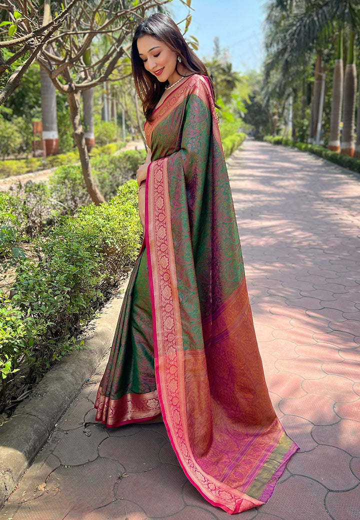 Luxurious Silk Saree | Intricate Wevon Kashmiri Work & Matching Blouse