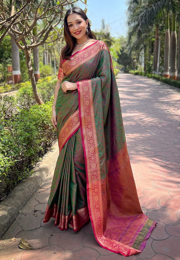 Luxurious Silk Saree | Intricate Wevon Kashmiri Work & Matching Blouse