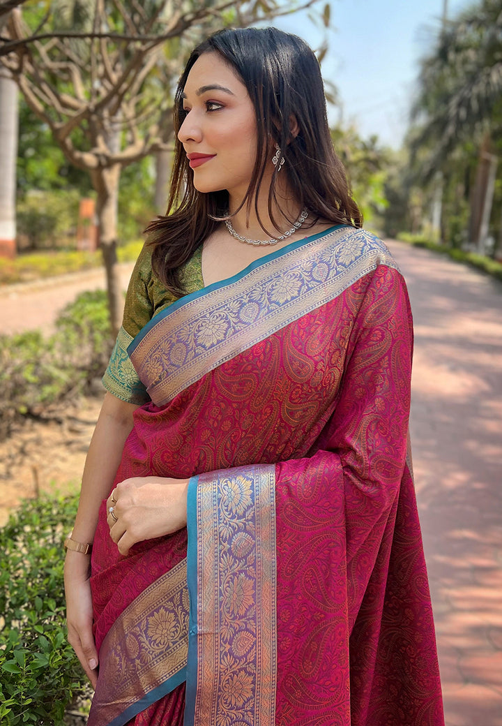Luxurious Silk Saree | Intricate Wevon Kashmiri Work & Matching Blouse