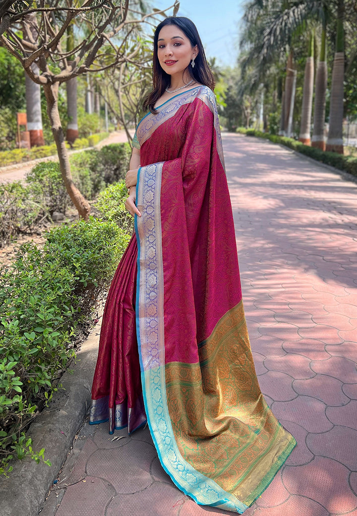 Luxurious Silk Saree | Intricate Wevon Kashmiri Work & Matching Blouse