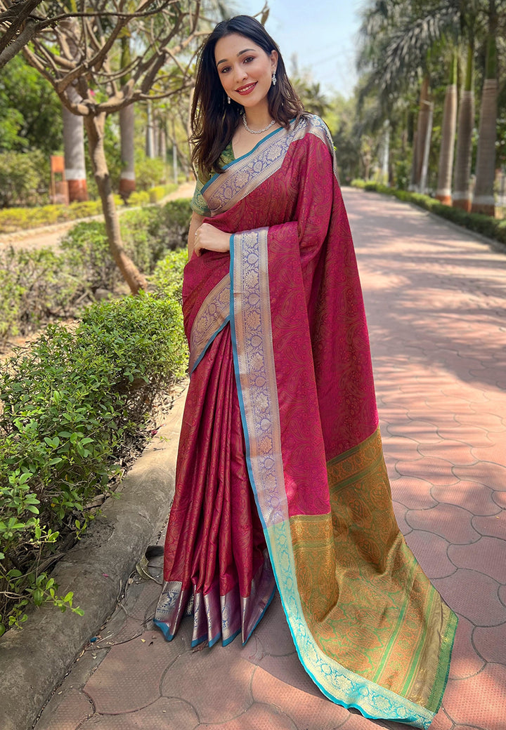 Luxurious Silk Saree | Intricate Wevon Kashmiri Work & Matching Blouse