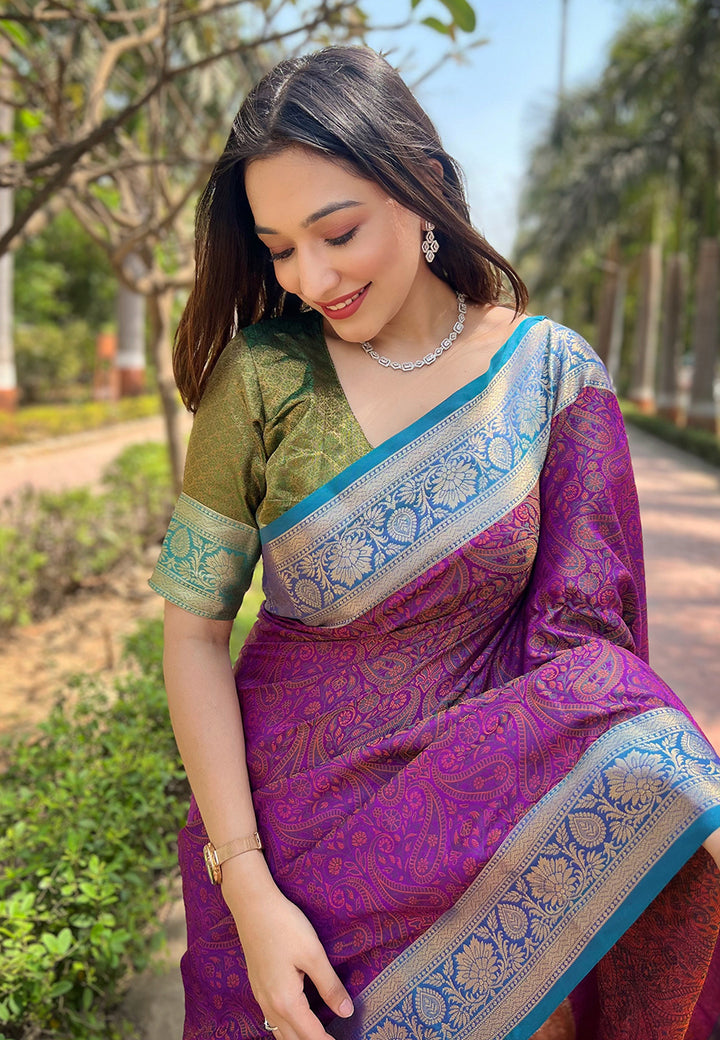 Luxurious Silk Saree | Intricate Wevon Kashmiri Work & Matching Blouse