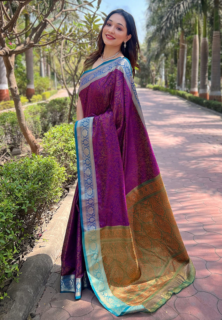Luxurious Silk Saree | Intricate Wevon Kashmiri Work & Matching Blouse