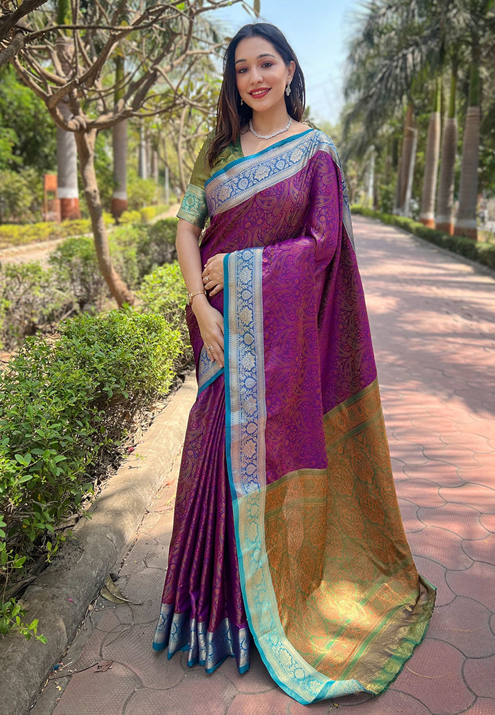 Luxurious Silk Saree | Intricate Wevon Kashmiri Work & Matching Blouse