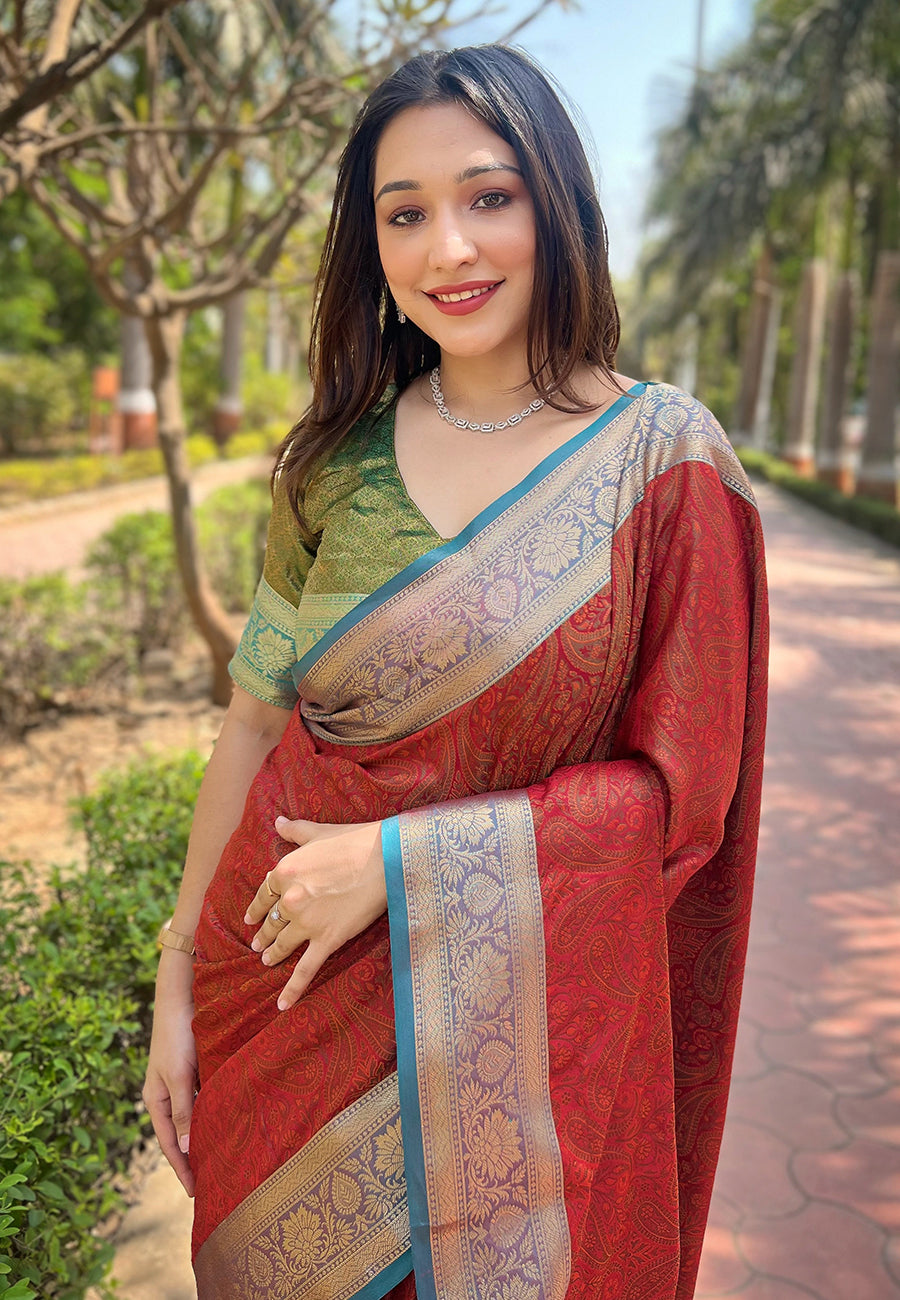 Luxurious Silk Saree | Intricate Wevon Kashmiri Work & Matching Blouse
