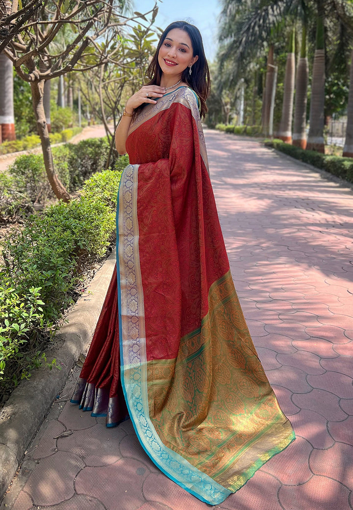 Luxurious Silk Saree | Intricate Wevon Kashmiri Work & Matching Blouse