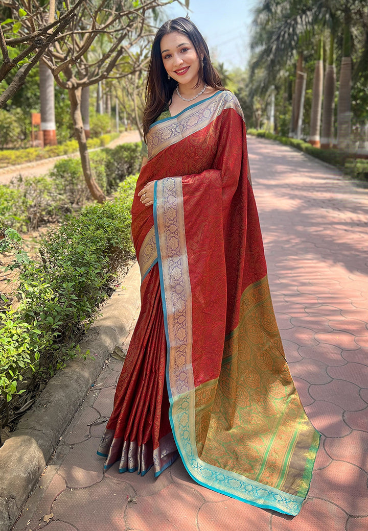 Luxurious Silk Saree | Intricate Wevon Kashmiri Work & Matching Blouse
