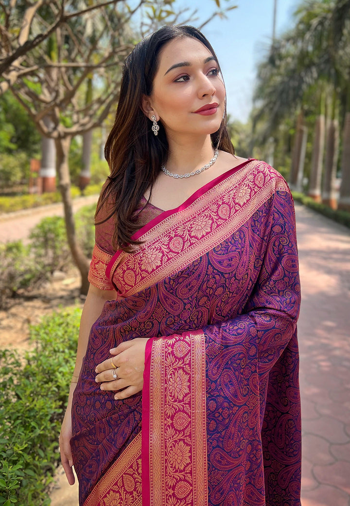 Luxurious Silk Saree | Intricate Wevon Kashmiri Work & Matching Blouse