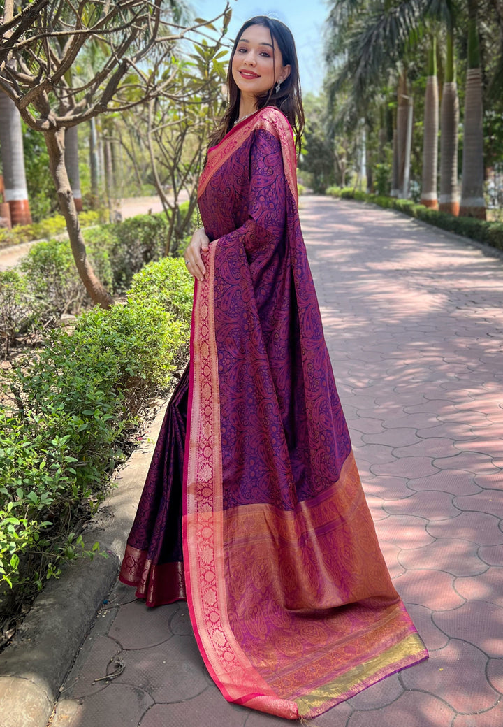 Luxurious Silk Saree | Intricate Wevon Kashmiri Work & Matching Blouse
