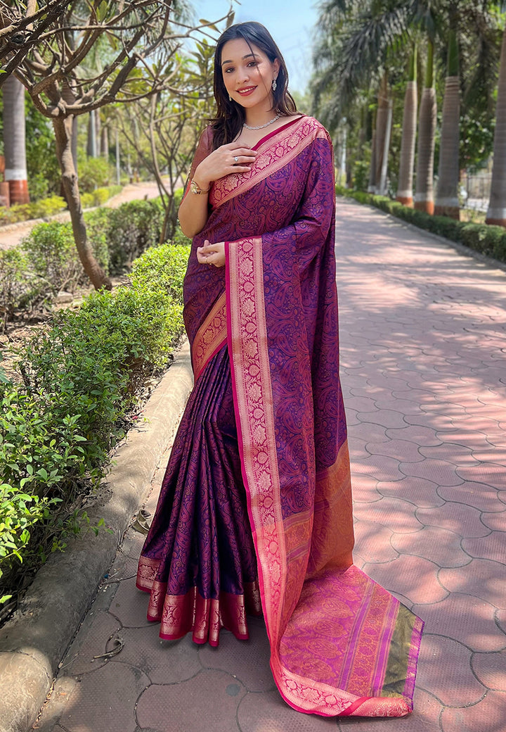 Luxurious Silk Saree | Intricate Wevon Kashmiri Work & Matching Blouse