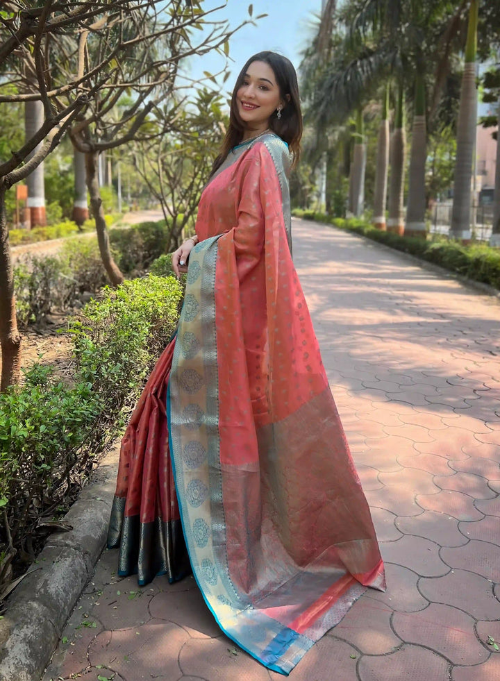 Elegant Tissue Silk Party Wear Saree with Wevon Work | Designer Saree