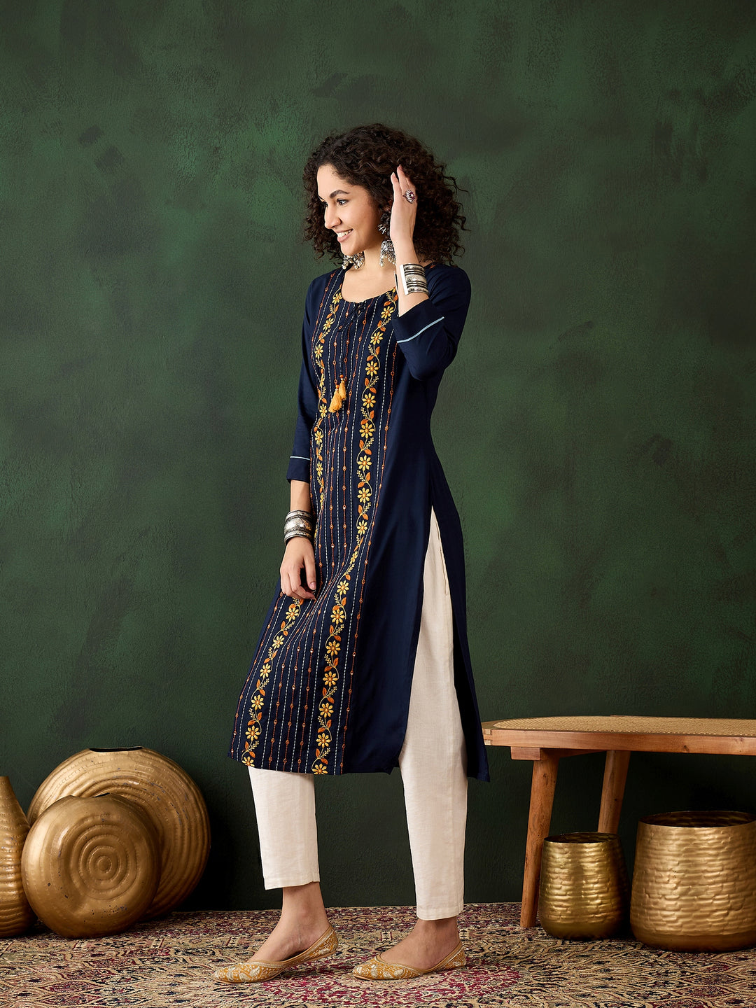 Navy Blue Viscose Rayon Kurti for Women | Designer Embroidery Work