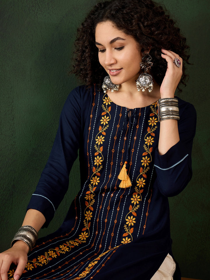 Navy Blue Viscose Rayon Kurti for Women | Designer Embroidery Work