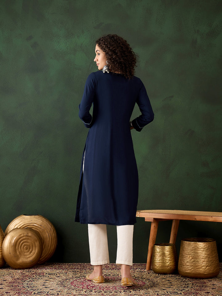 Navy Blue Viscose Rayon Kurti for Women | Designer Embroidery Work