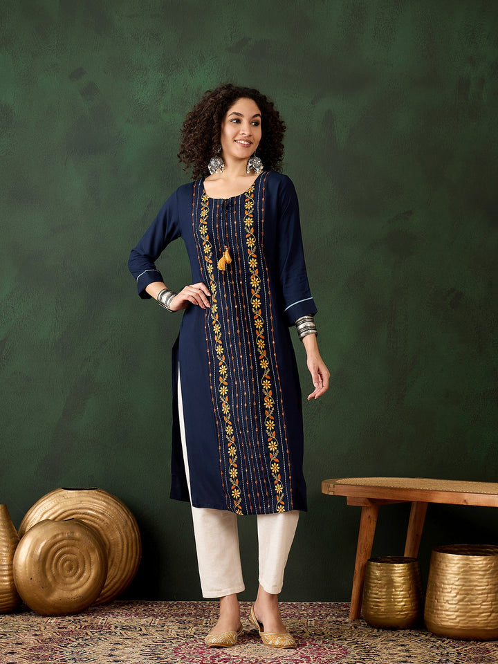 Navy Blue Viscose Rayon Kurti for Women | Designer Embroidery Work