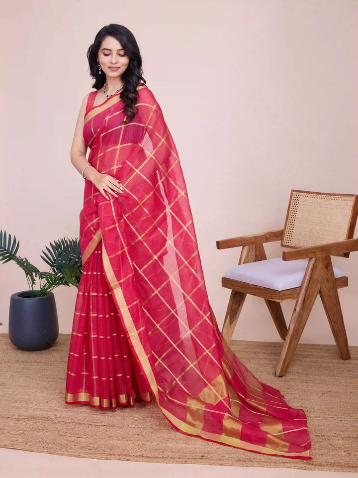 Stylish Kota Doriya Checked Saree with Blouse | Ideal Pick for Weddings and Parties