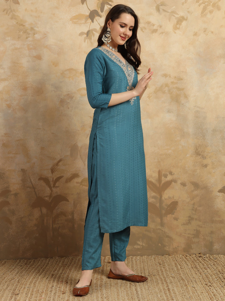 Teal Blue Viscose Rayon Salwar Kameez | Elegant Embroidery Ethnic Wear