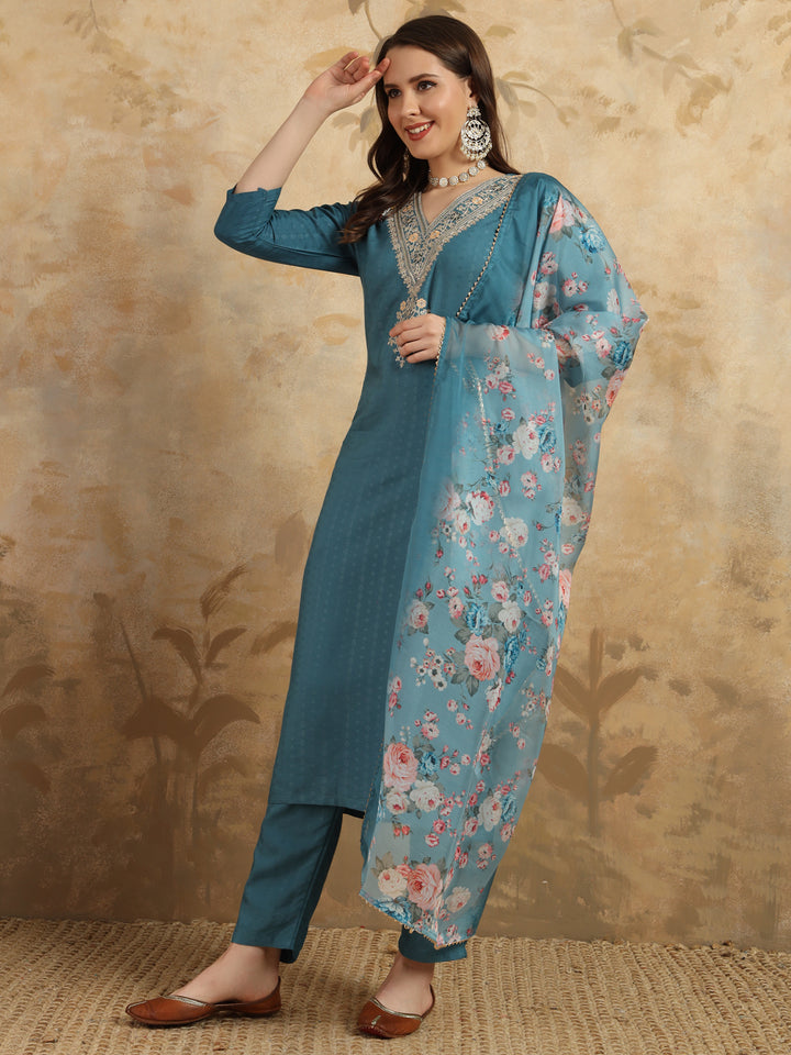 Teal Blue Viscose Rayon Salwar Kameez | Elegant Embroidery Ethnic Wear